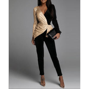 Blocked Black velvet and Gold Sequin Jumpsuit Sz S